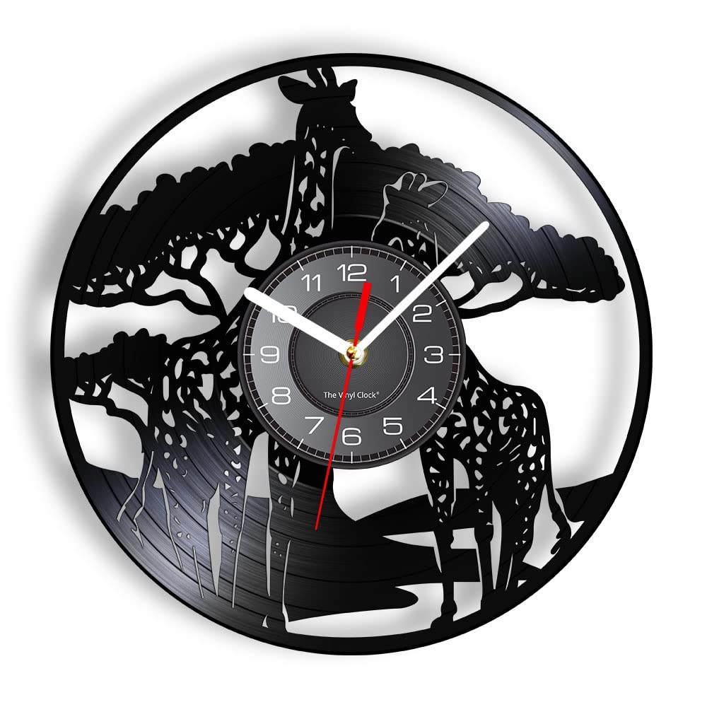 Smotly Black Vinyl Wall Clock With Led Night Light Function, African Giraffe Wall Clock, A Wall Clock Gift For Home Decor. (Black)