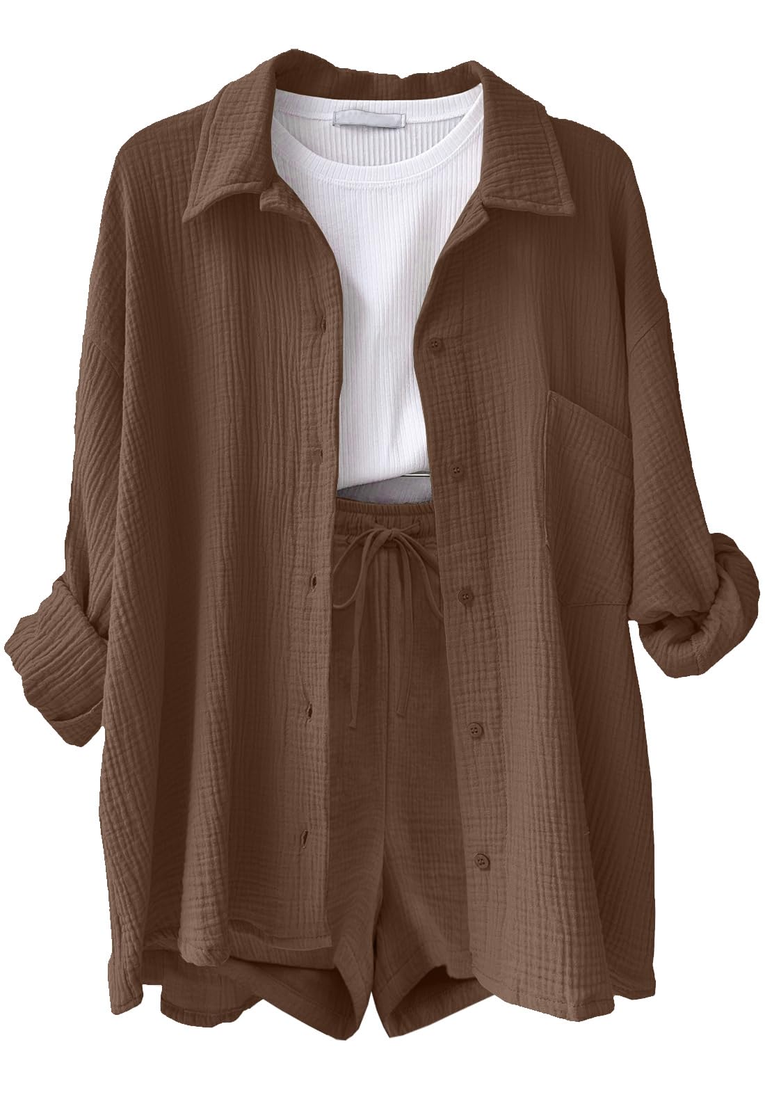 CheChury Femme Ensembles en Lin Chemise Manches Longues et Shorts Chic et Elegant Survêtement été Décontracté Ensemble été 2 pièces Tenue Loungewear