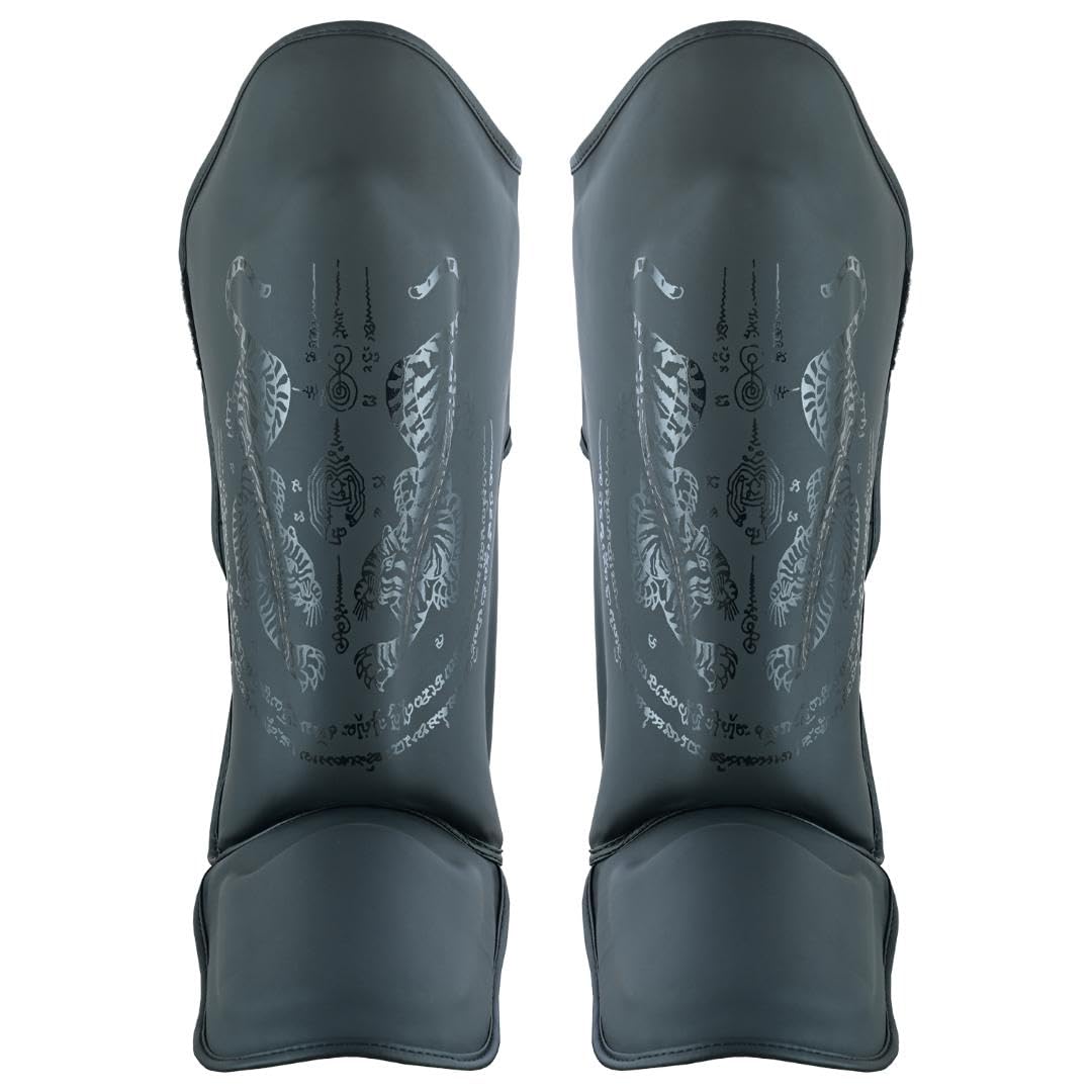 Playwell Matte "Twin Tiger Sak Yant" Muay Thai Shin Guards - Pair - Black (XL)