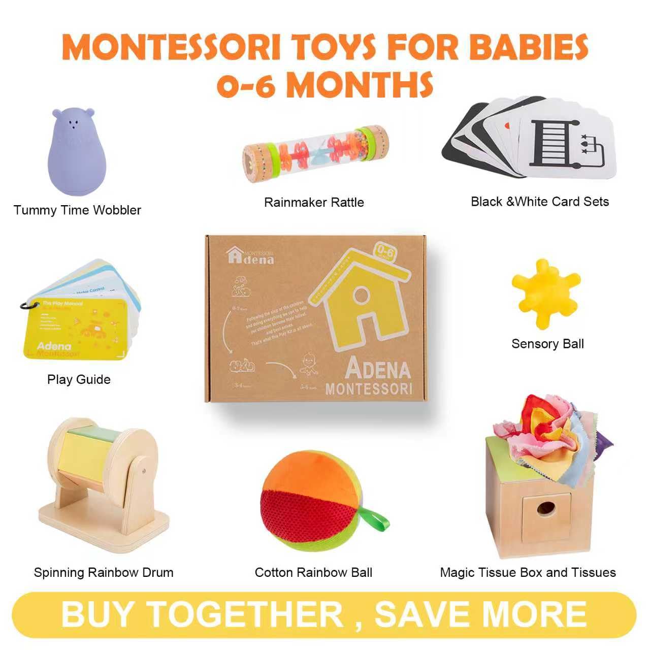 Adena Montessori Kit de Juego para bebés de 0 a 6 Meses, Kit de Aprendizaje 9 en 1 Que Incluye Tarjeta en Blanco y Negro, sonajero Rainmake de Lluvia, Bola sensorial, Tambores de Boca Abajo, Caja de