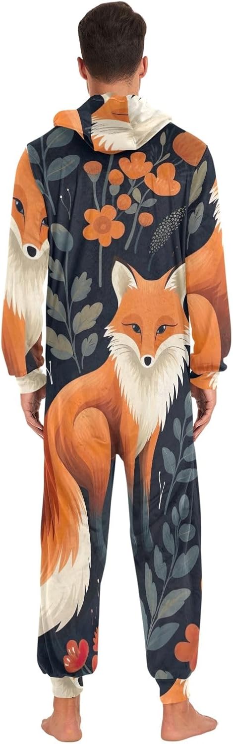 GAIREG Orange Fox Flowers Adult Onesie Pajamas, Soft Hooded One Piece Sleepwear with Zipper for Men Women