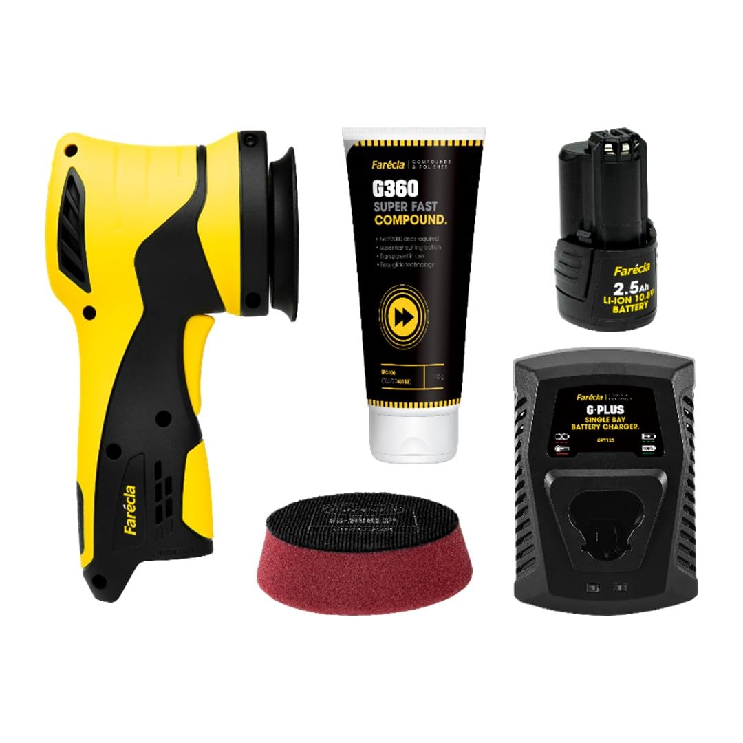 Farécla G Plus Dual Action Mini Polisher Kit - Professional Cordless DA for Precision Work & Tight Areas, 12mm Throw, 3" Plate, Battery, Charger, G Mop Pad & G360 Compound