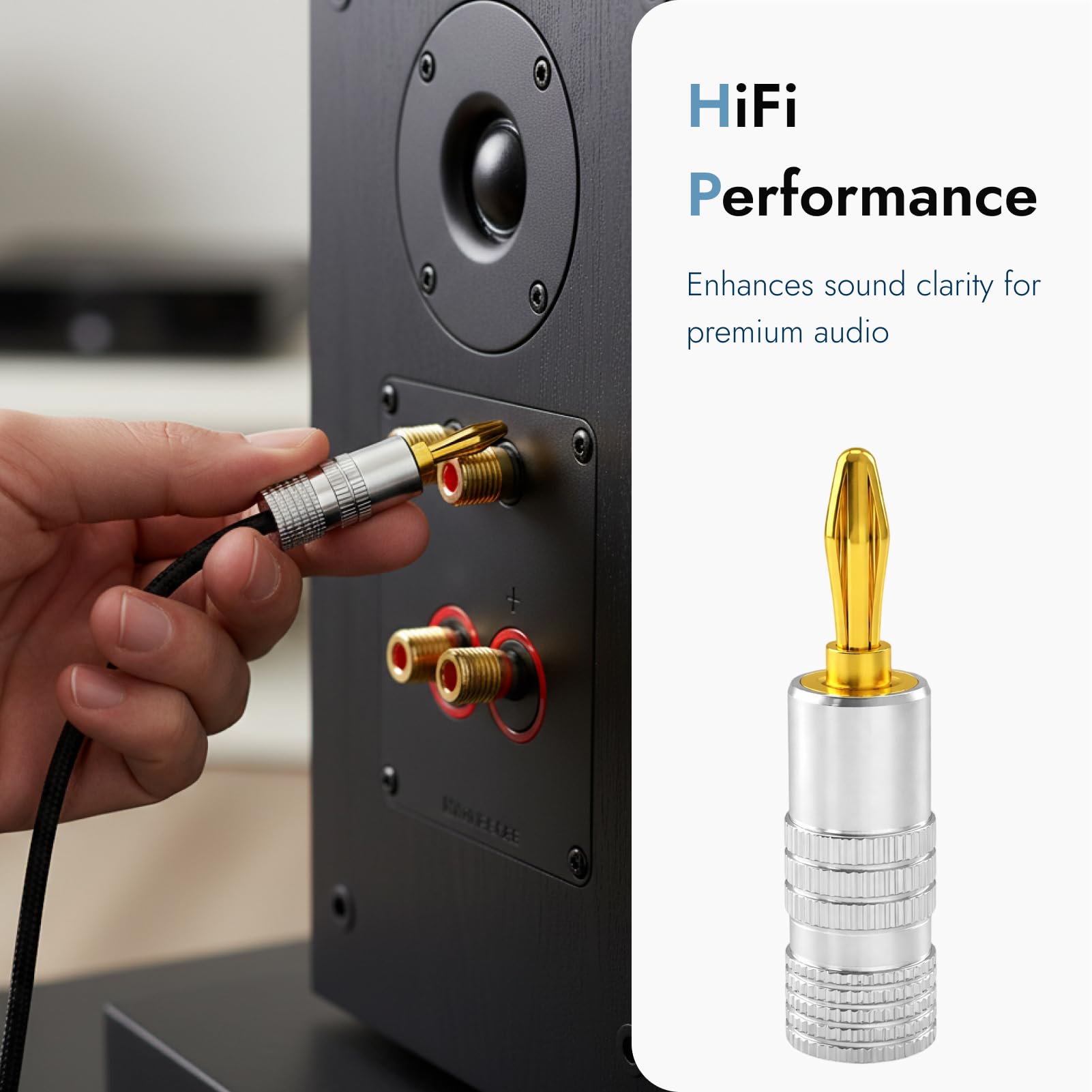 8PCS Fiche Banane 4mm pour Câble Enceinte, Fiche Banane Enceinte Connecteurs pour Enceintes Plaqués Or sans Soudure, Fiches Banane HiFi pour Haut-Parleur et Amplificateur, Banane Connecteur Audio