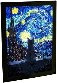 Quadro Decorativo para Sala Gato Noite Estrelada Van Gogh – Arte Pet Decoração Parede Quarto | Bhardo