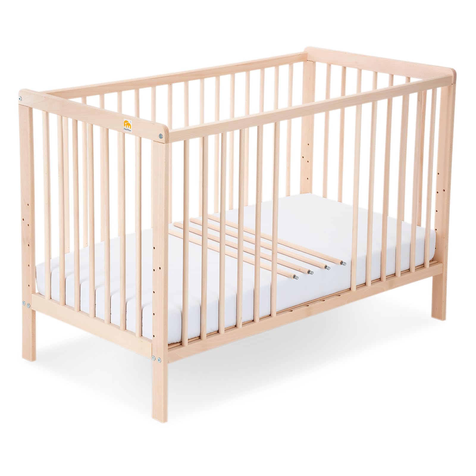 FabiMax Babybett Kinderbett Nubi Natur 120x60cm, aus naturbelassenem Buchenholz, 6-Fach höhenverstellbar, mit 4 Schlupfsprossen (Matratze Premium, Natur)