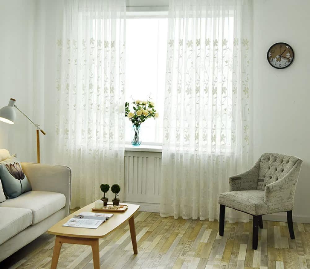Simple Fresh Vine Flower Semi Shading Sheer Curtains for Living Kids Nursery Room Bedroom(1 Panel, W 54 x L 84 inch, White)