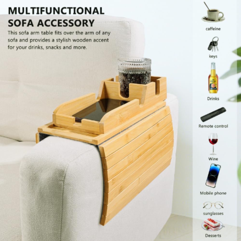 Couch Cup Holder, Sofa Armrest Tray with Drink Holder, Foldable Anti-Slip Arm Table, Cup Holder Tray for Mugs Cellphone Remote and Snacks.