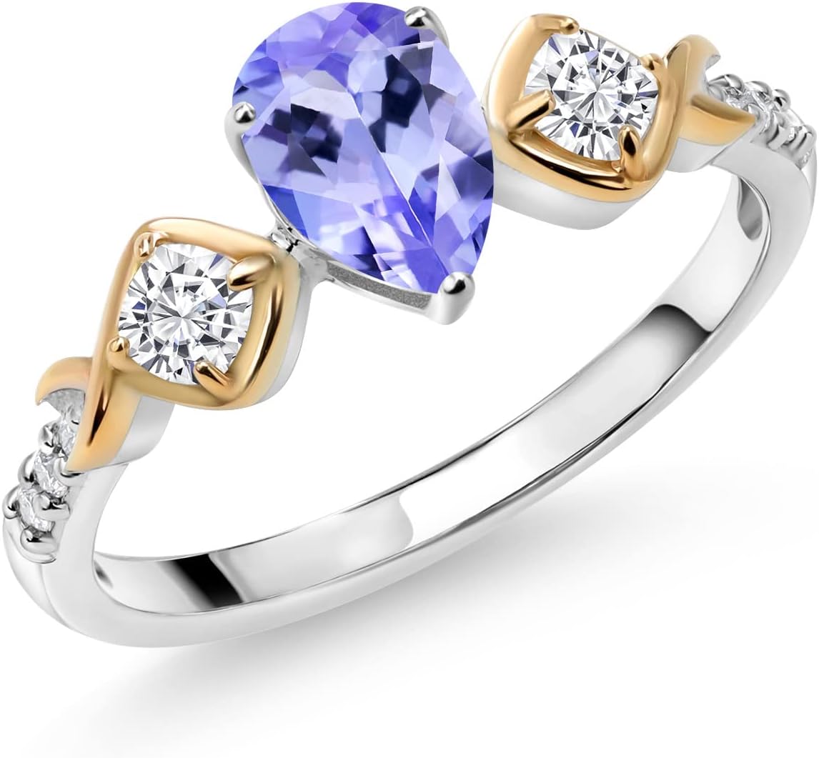 Gem Stone King 0.97 Cttw Blue Tanzanite White Moissanite and White Lab Grown Diamond Women Ring for Women | 925 Sterling Silver and 10K Yellow Gold | Pear Shape 7X5MM | Size 5-9
