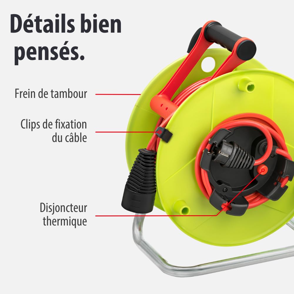 Brennenstuhl Enrouleur de câble Standard avec rallonge supplémentaire (50m de câble H05VV-F 3G1,5, utilisation temporaire en extérieur, fabriqué en France) 1180751 Vert