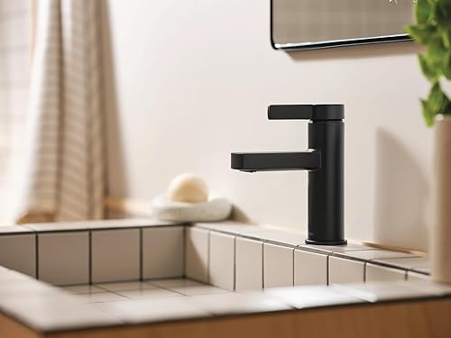 Miniatura 2 de Moen Beric 84774BL - Grifo de baño de un solo orificio negro mate con montaje de drenaje y placa opcional para tu fregadero de baño, 84774BL