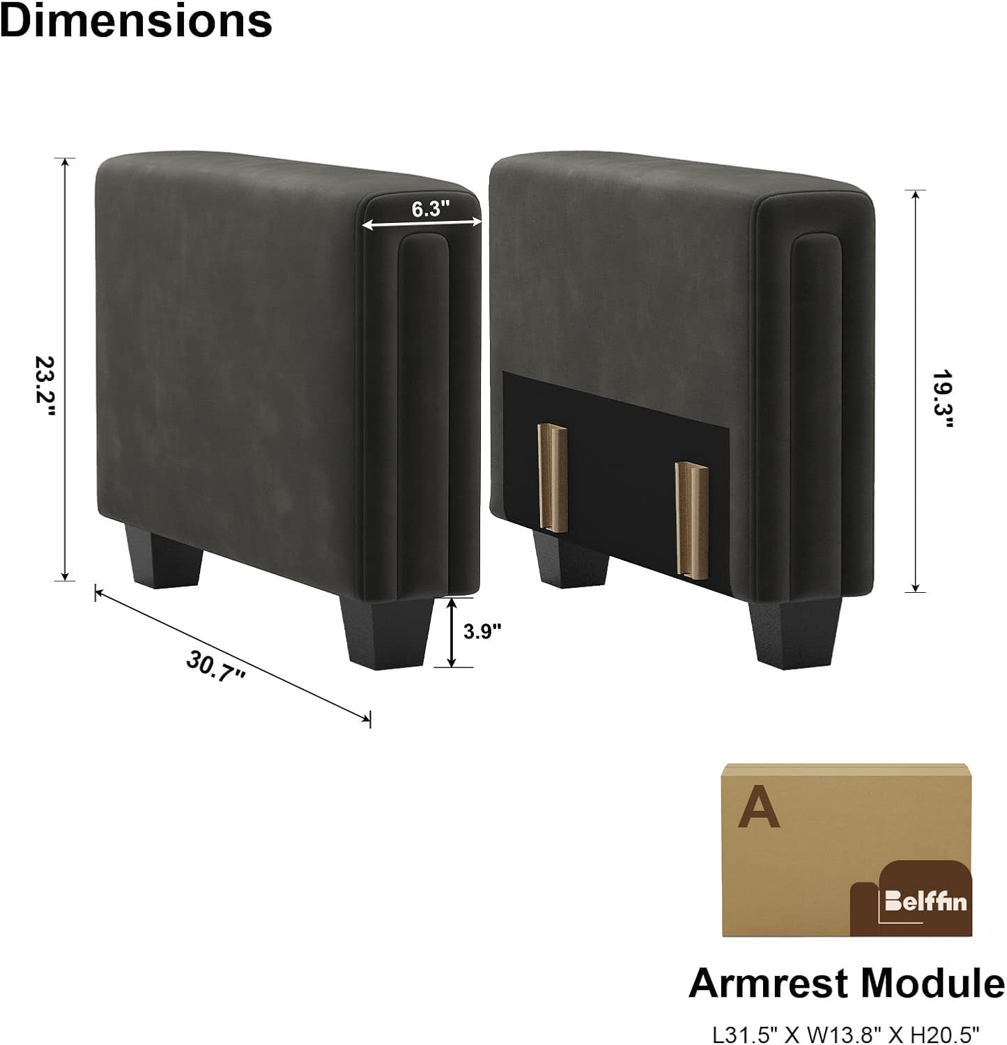 Belffin Side Armrest Module Part for Modular Sectional Sofa Grey
