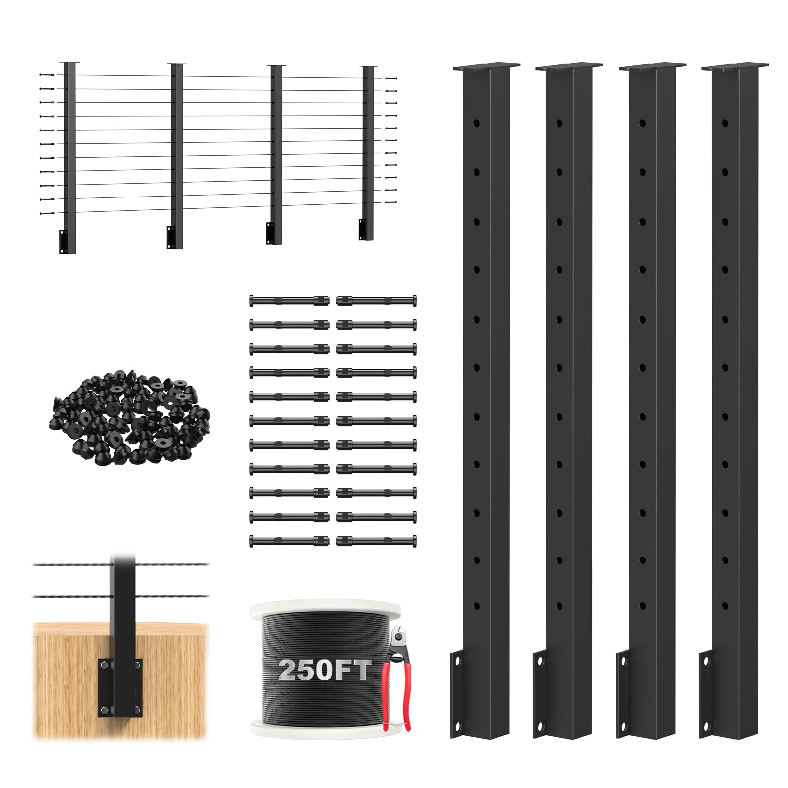 Photo 1 of RailinGo 12FT-20FT Black Side Mount Cable Railing Kits, 36" Swageless Fascia Mount Cable Railing Kit Include 4Pack Flat Top Level Drilled Cable Posts, 250FT Wire Rope for Deck Railing System, RG71