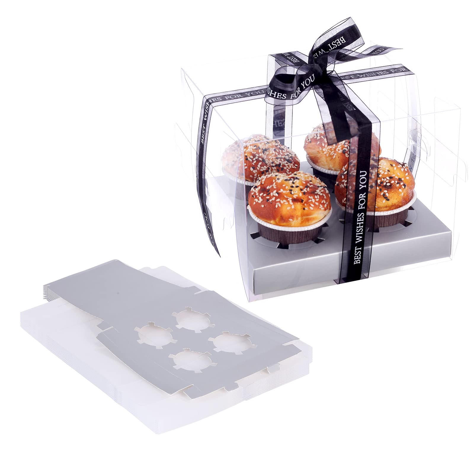 SYNARA 10 Pcs Clear Cupcake Boxes,Holds 4 Cupcakes Each,with A Roll of Ribbon,Plastic Disposable Cupcake Boxes Carrier Containers,Cupcake Containers,Clear CupCake Display Boxes-Silver