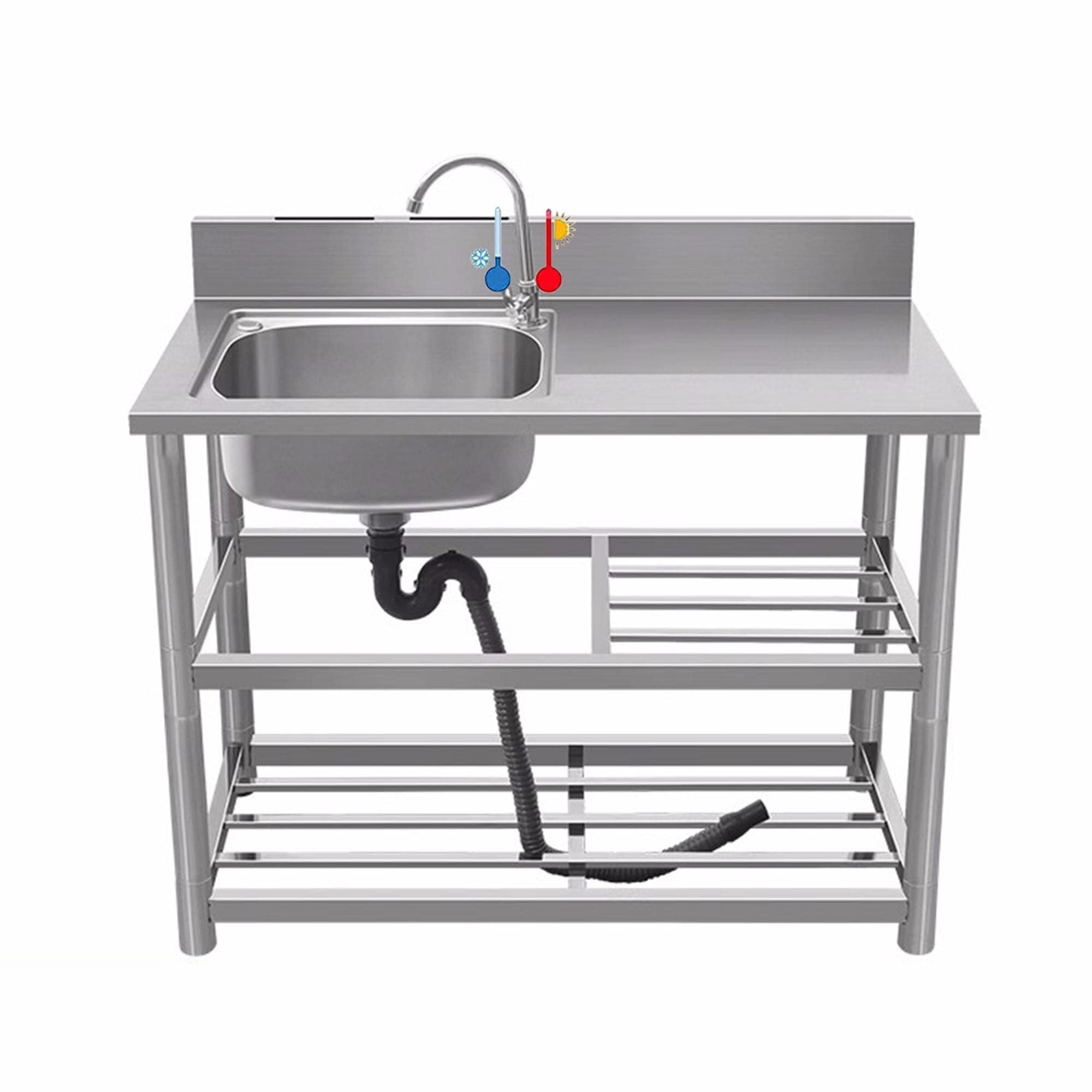 TAXXII Commercial Stainless Steel Kitchen Sink with Workbench, Free Standing Utility Outdoor 360° Rotating Faucet & Drain Kit(B,100x50x80CM)