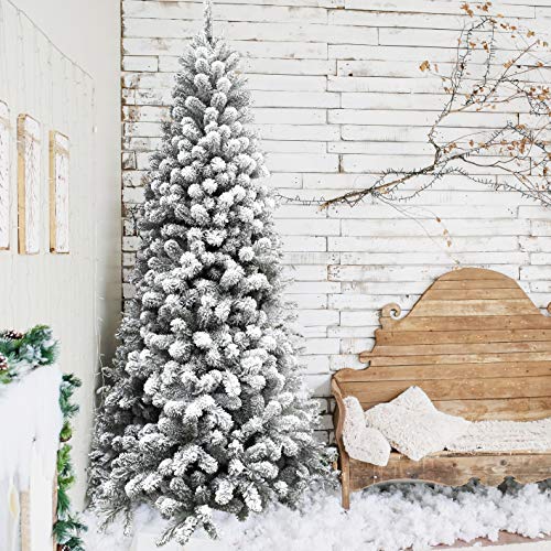 Fraser Hill Farm 6.5-Ft. Alaskan Pine Flocked Artificial Christmas Tree with Stand, Unlit Foldable Fake Tree with Realistic Snowy Foliage for Home Decoration