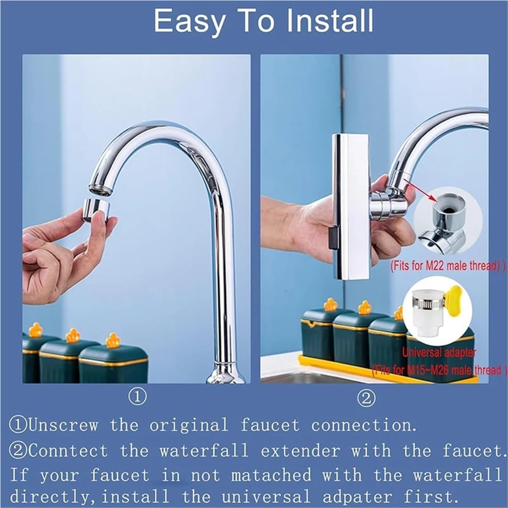 3 In 1 Kitchen Waterfall Faucet Extender Adapter, 360° Swiveling Anti-Splash Kitchen Faucet Replacement Accessories