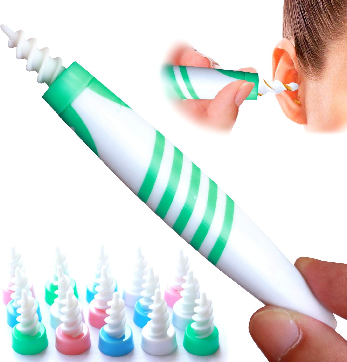 q Grips Earwax Remover - Soft Silicone Ear Wax Removal Tool q-Grips Ear Wax Remover kit with 16 Replacement Heads Safe Spiral Ear Cleaner for Humans, Adult and Kids (Green)