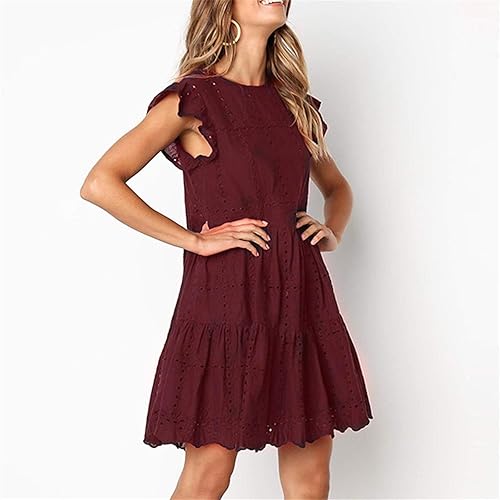 Vista 4 de Kkauae Vestido de moda para mujer, casual, con volantes, cuello redondo, fruncido, acampanado