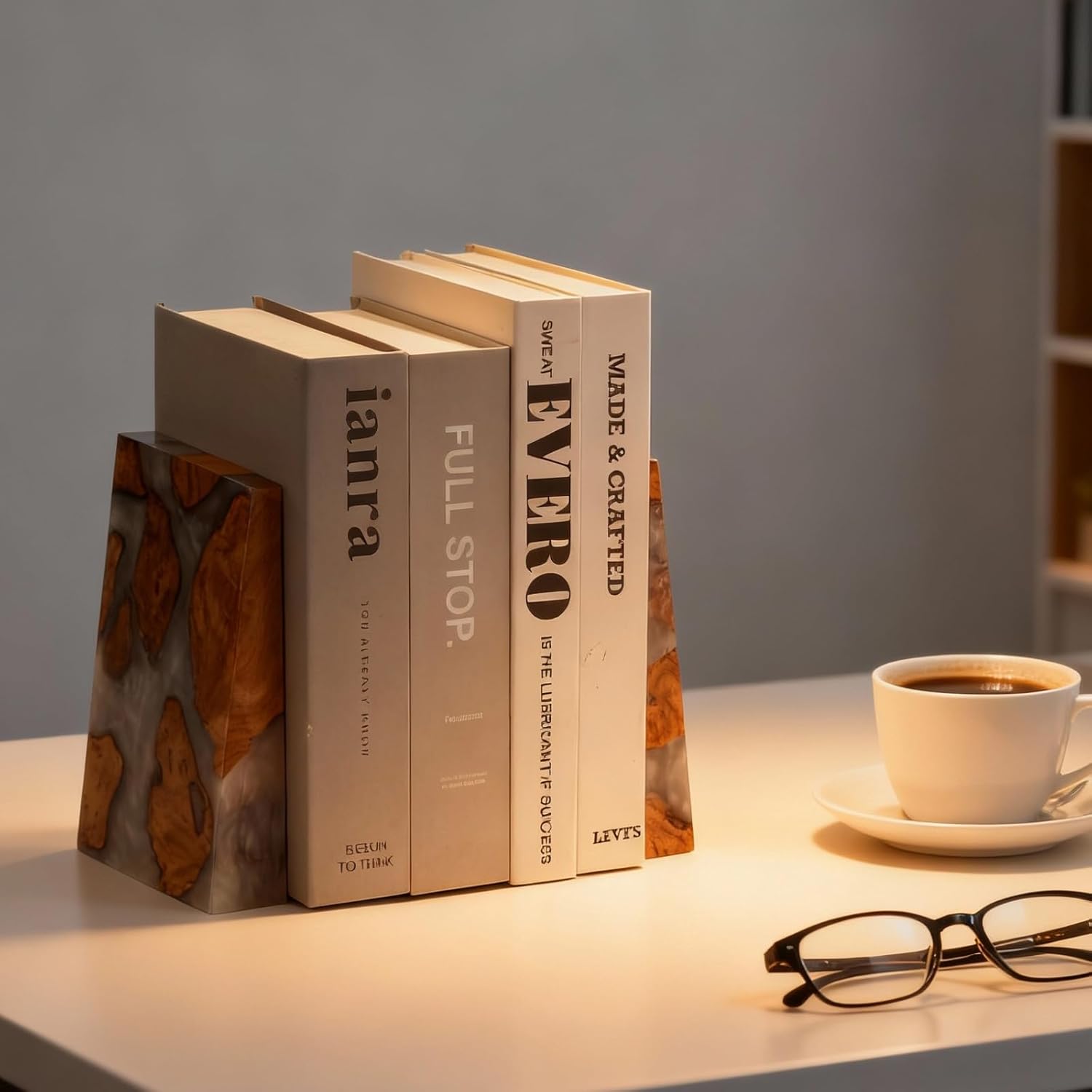 Resin Bookends Large Heavy Duty Bookends for Shelves, Unique Burl Wood Figure Book Ends for Study Office, Fancy Modern Decorative Book Supports for Bookshelf Organization (Pearlescent White)