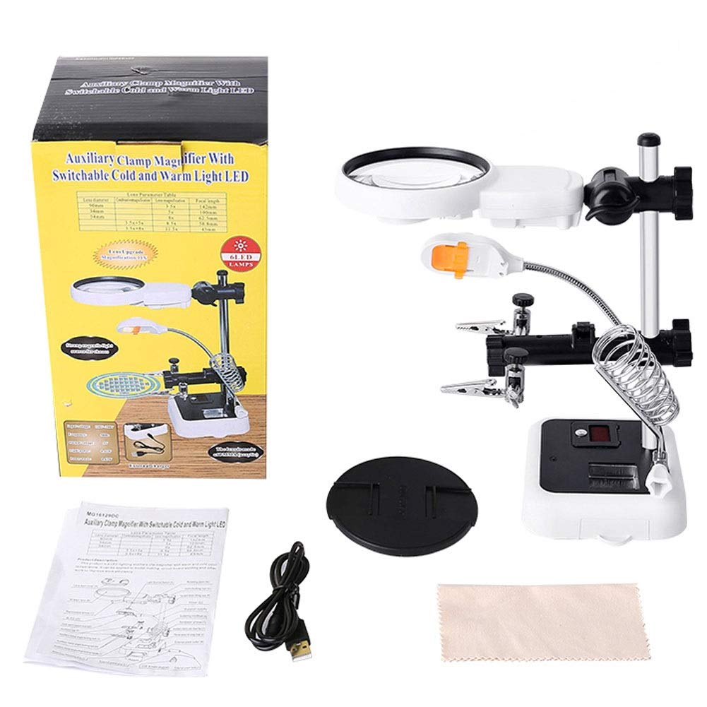 96 lupa con luz LED, lupa manos libres con 6 lentes desmontables luz LED para joyería lupa y reparación electrónica