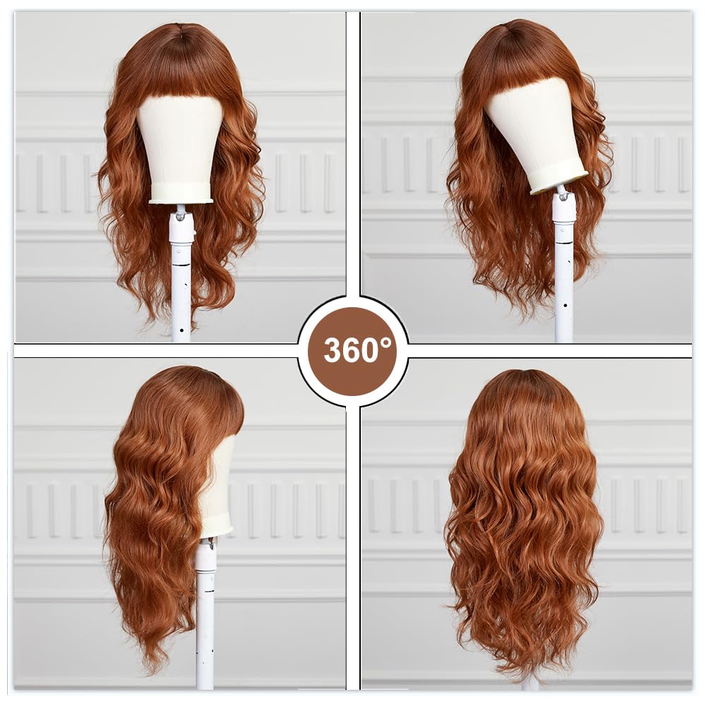 Long Wavy Curly Wine Auburn Human Hair Wigs with Bangs for Women Heat Resistant Natural Look Lightweight Daily Party Cosplay (Wine Auburn,22 Inch) - Image 5