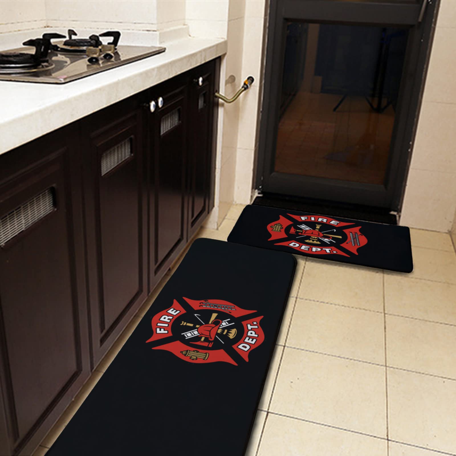 YouTary Firefighter Fire DEPT. Logo Rescue Pattern Kitchen Rug Set 2 PCS Floor Mats Washable Non-Slip Soft Flannel Runner Rug Doormat Carpet for Floor Home Bathroom, 17