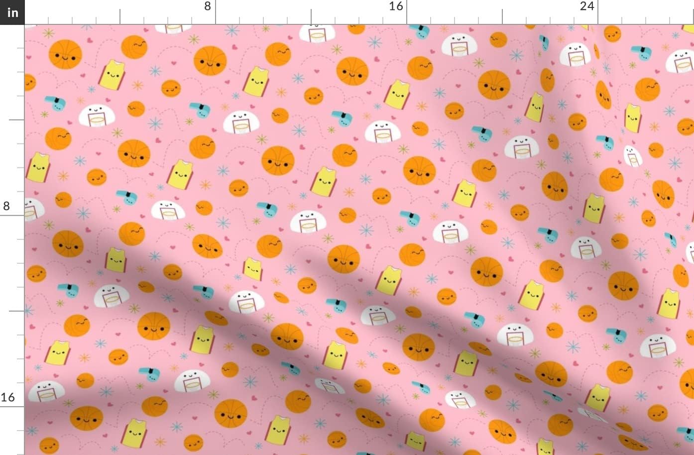 Spoonflower Fabric - Happy Basketball Friends Pink Team Cute Kawaii Sports Girls Printed on Polartec(R) Fleece Fabric by The Yard - Sewing Blankets Loungewear and No-Sew Projects