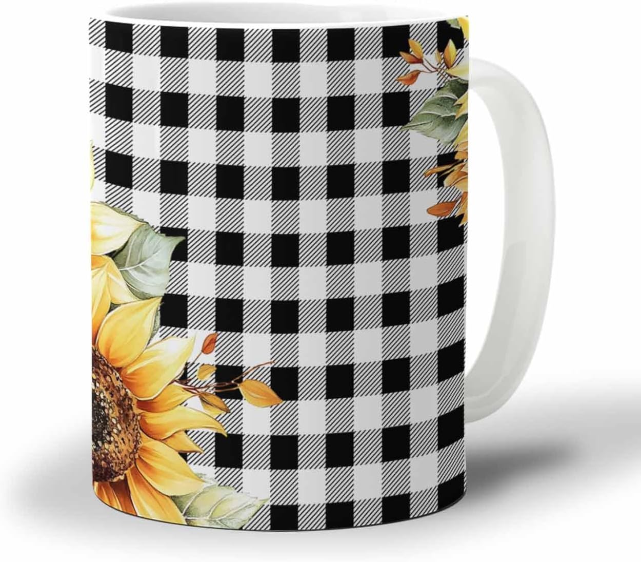 BEMIGO Ceramic Coffee Mug Summer Sunflower Buffalo Plaid Ceramic Mug White Cup, Farmhouse Florals Insulated Coffee Cup with Handle with Pattern Perfect for Tea and Hot Beverages, 12oz