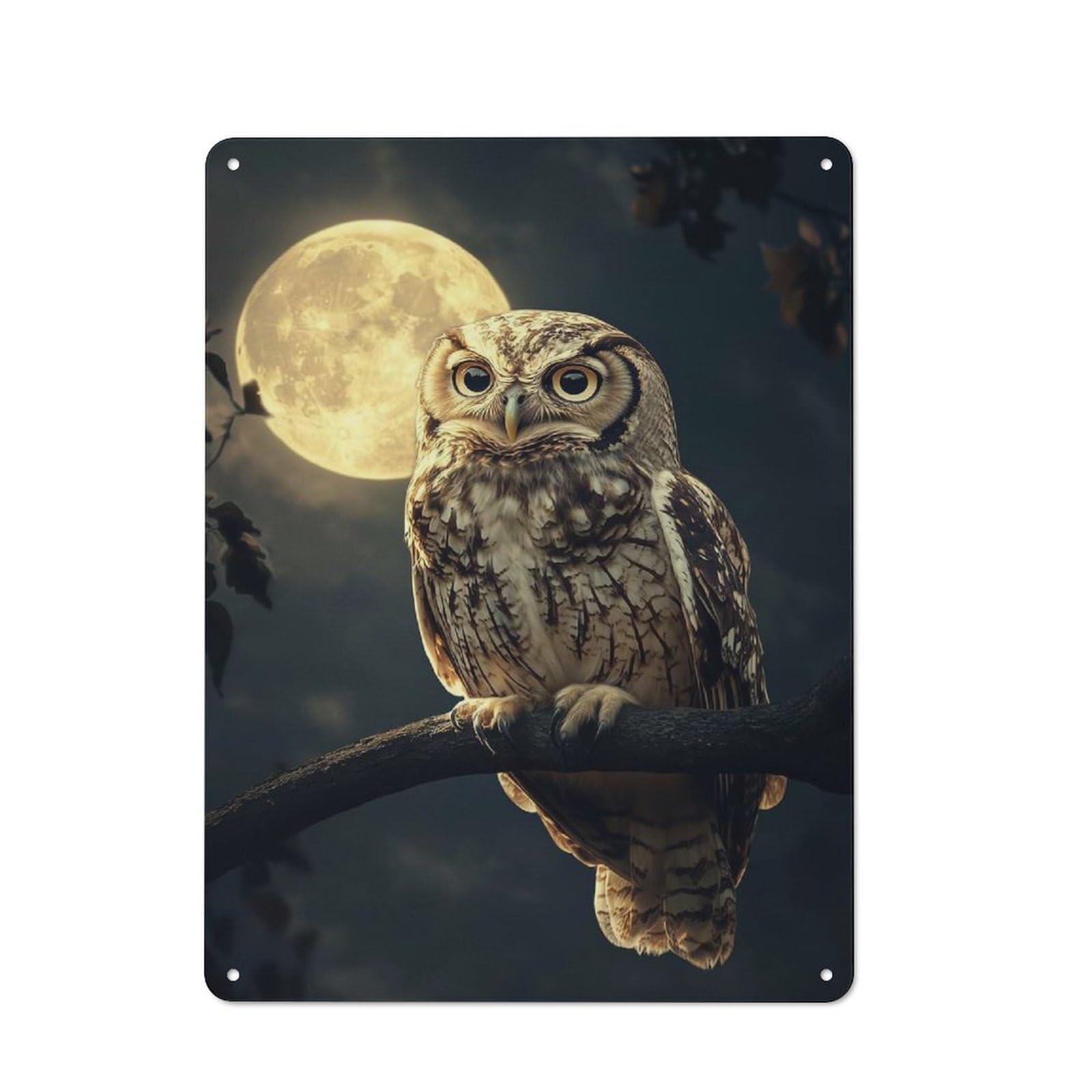 Junmoney Owl Under Full Moon Tin Wall Plaque 40X30cm With For Guest Room Or Hallway, For Metal Sign Collectors, For Garage And Workshop Walls