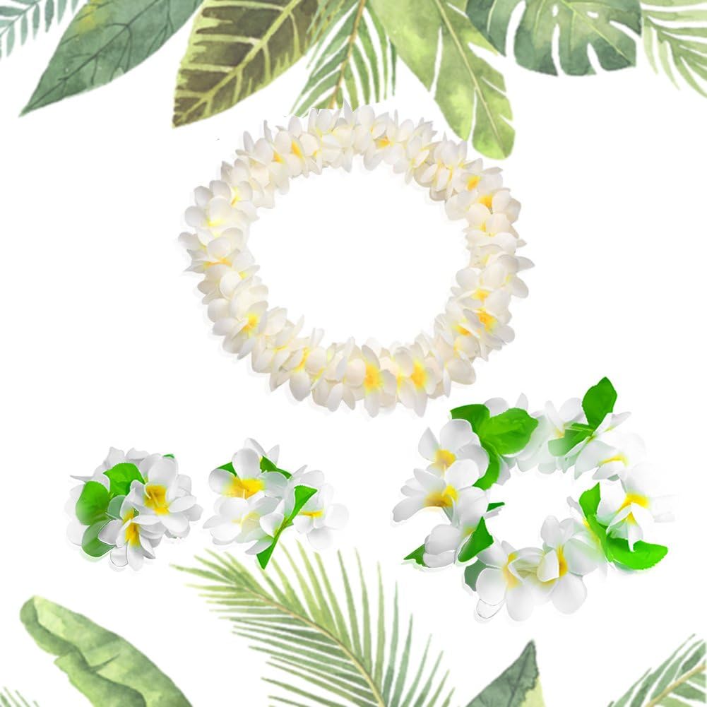 LovesTown Hawaiian Headpiece,Hawaiian Flower Leis Jumbo Necklace Bracelets Headband Set for Luau Party Decoration Supplies for Hawaiian Luau Party