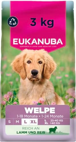 Eukanuba Welpenfutter trocken mit Lamm und Reis für große Rassen, 3 kg | Premium Trockenfutter | für Junior Hunde | mit DHA zur Verbesserung der Lernfähigkeit