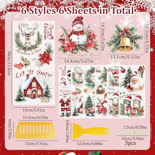 WANDIC 6PCS Christmas Theme Rub On Transfer Stickers, Snowman, Reindeer - Image 2