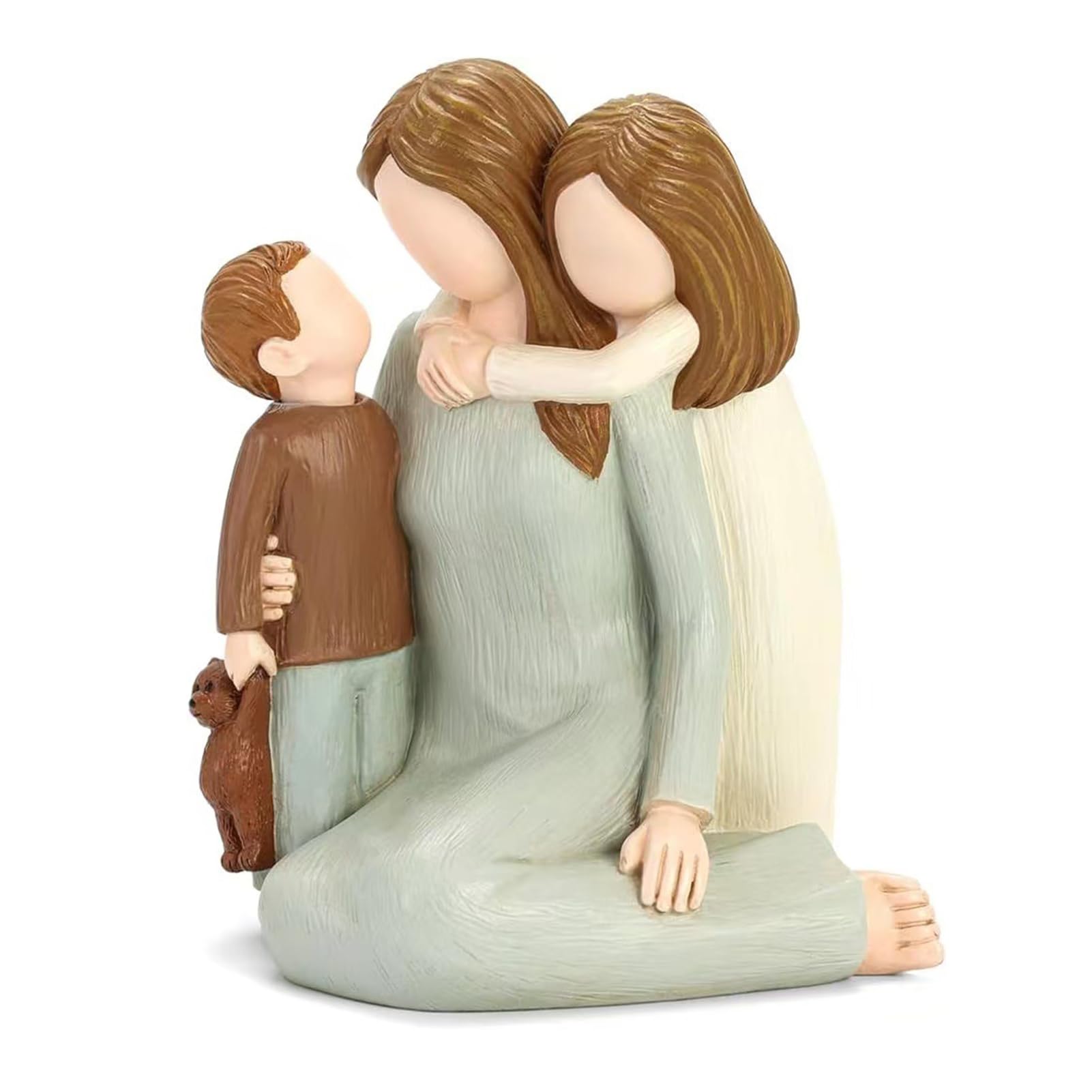 Porceosy Green Mother And Kids Figurine Hand-Painted Mother And Two Children Statues Resin Mother Son Daughter Sculpture Gift For Mother's Day Birthday Anniversary Home Decor