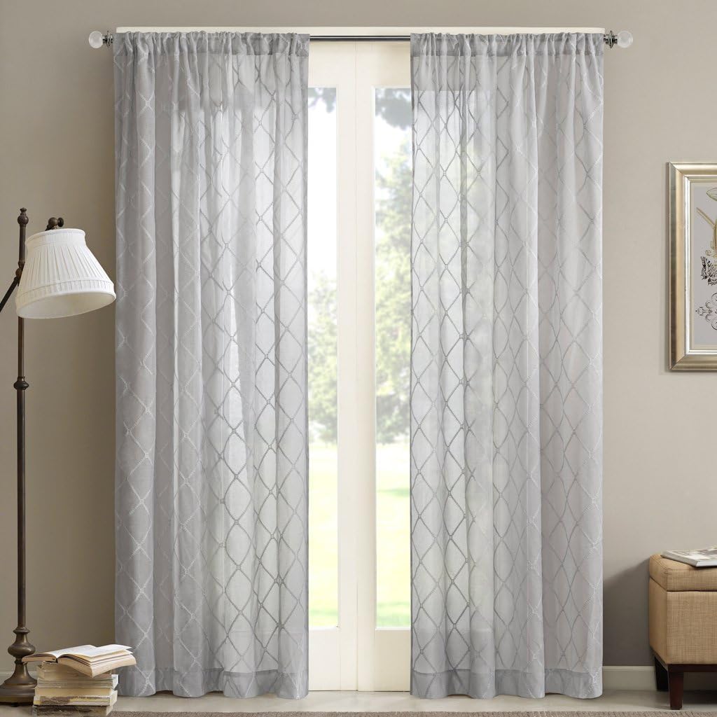 Madison Park Embroidered Kitchen, Transitional Fabric Sheers Single Curtain for Living Room 1-Panel Pack, Polyester, Grey