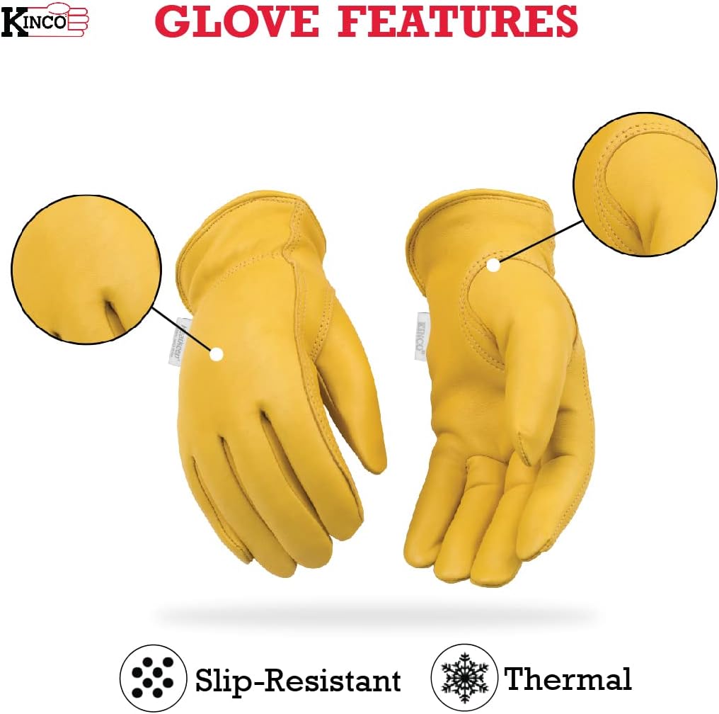 Kinco - Women's Golden Full Grain Deerskin, Shirred Elastic Wrist, Keystone Thumb Design Heatkeep Thermal Insulation, Large