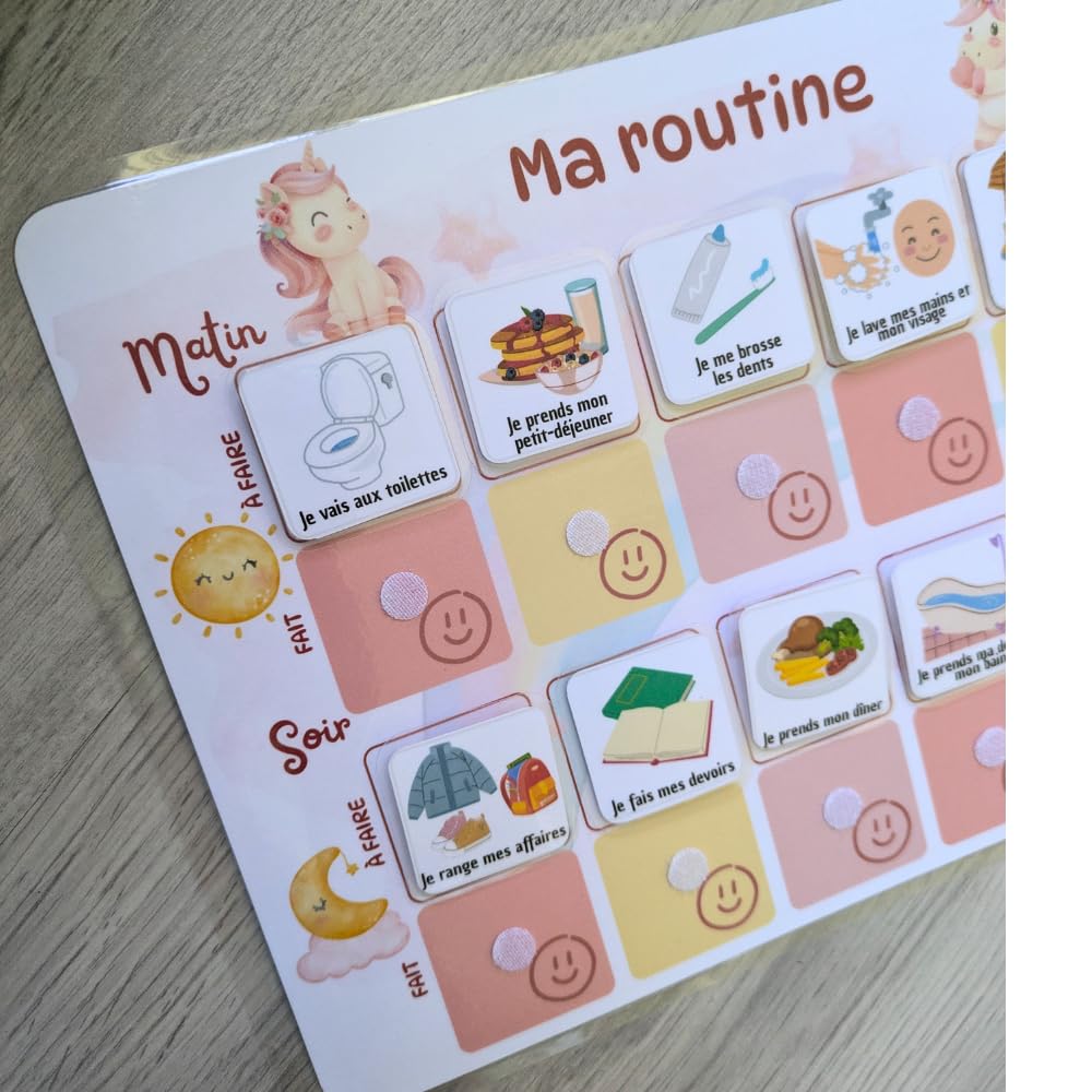 Licorne Tableau routine enfant Planning matin soir Calendrier tâches rituels 30 étiquettes
