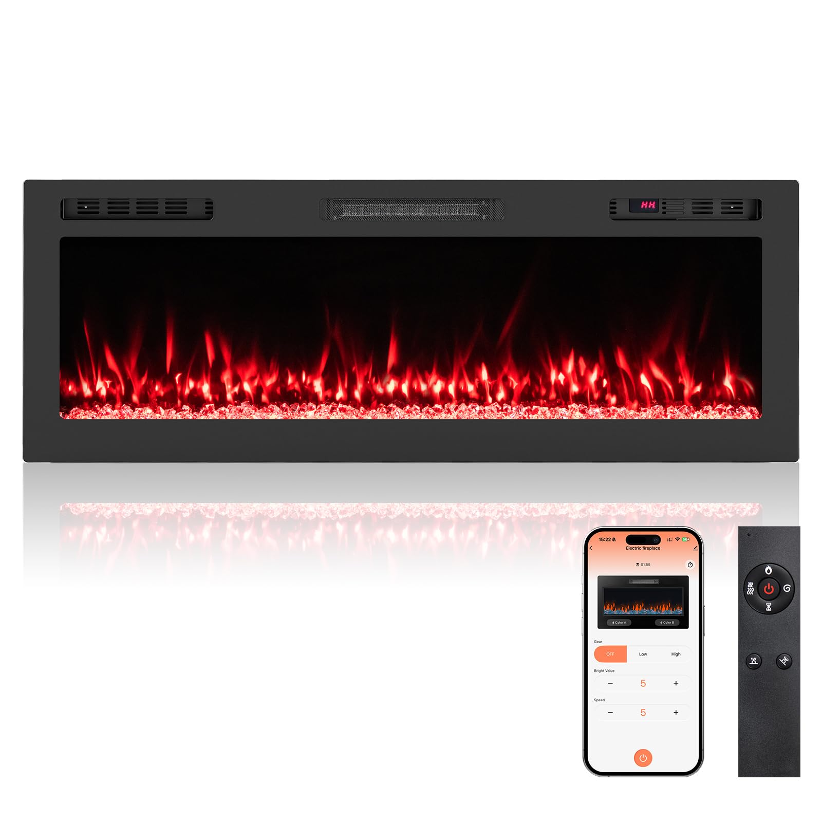 COSTWAY Kominek elektryczny z ogrzewaniem 50" 750 W/1500 W, kominek do zabudowy z pilotem zdalnego sterowania/sterowaniem za pomocą aplikacji, WiFi, 12 kolorów płomienia i żaru, timer 12 h, kominek