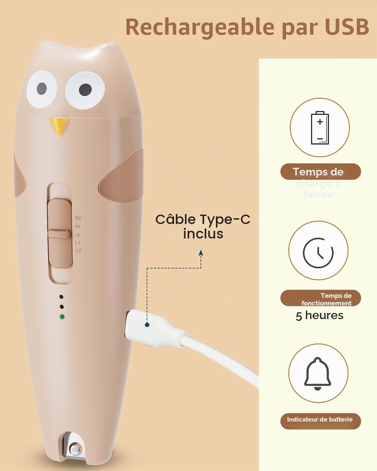 Lictin Lime à ongles électrique pour bébé, Lime à ongles rechargeable pour bébé, Lime à ongles électrique avec lumière, Lime à ongles pour bébé avec 10 têtes de meule de rechange, Khaki