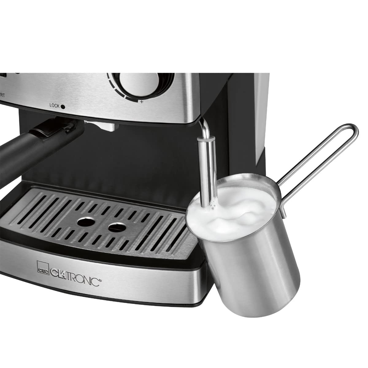 Clatronic® Espressomaschine | kleine Kaffeemaschine | 15 bar Pumpdruck | 1,6 Liter transparenter Wassertank (abnehmbar) | 2 Edelstahldüse mit Aufschäum- und Heißwasserfunktion | 850 Watt | ES 3643