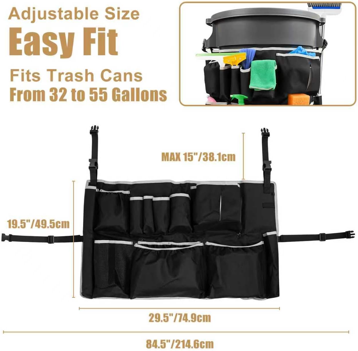 Trash Can Caddy Bag, Upgraded Large Cleaning Caddy, fits for 32-55 Gallon Garbage Bin, Multi-Pocket Garbage Bin Caddy Organizer for House Cleaners & Janitorial Duties, Gray Edge
