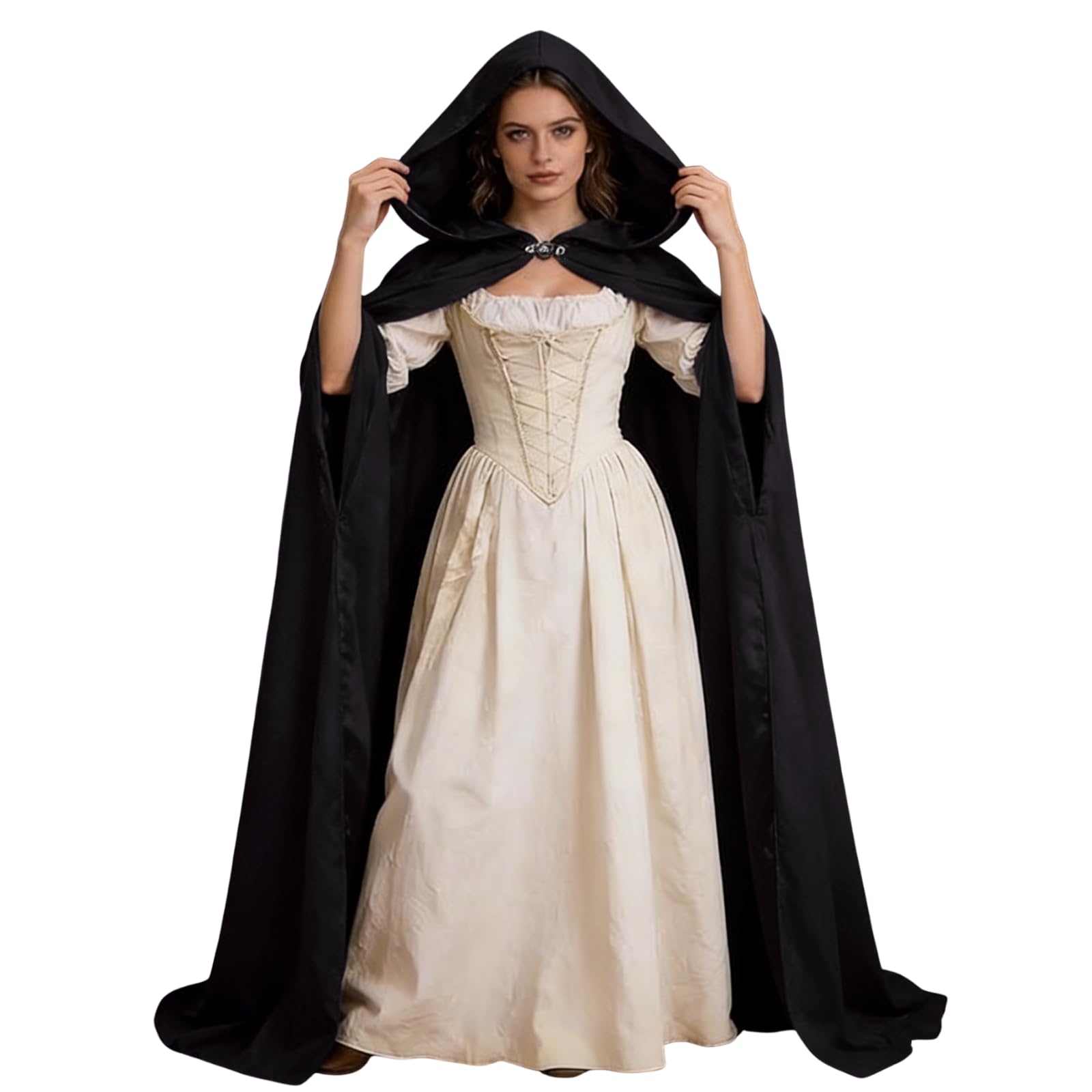 HAPNBCELE Women's Renaissance Cloak with Hood, Medieval Cape Queen Princess Witch Costume Halloween Christmas LARP Party (Black, 59.05"/150cm)