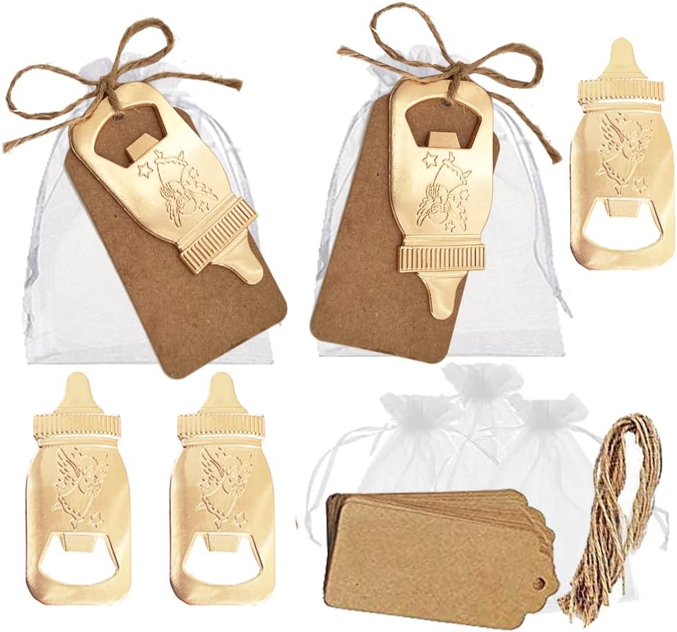 30 Pack Baby Shower Return Gifts for Guest Supplies Poppin Baby Bottle Shaped Bottle Opener with Sheer Bag Wedding Favor Party Souvenirs Gift Decorations