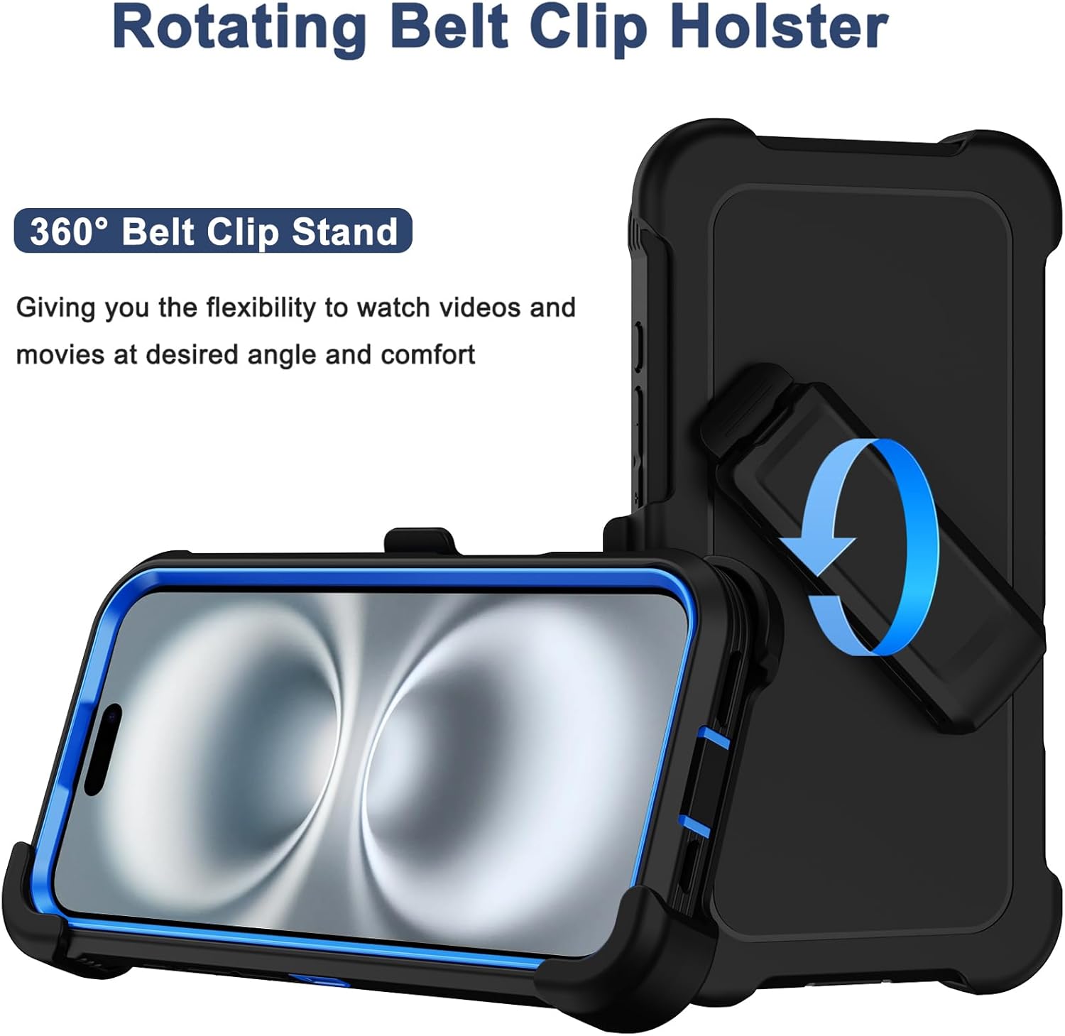 RubCase for iPhone 16 Plus Case 6.7” with Belt Clip Holster, 2X Screen Protector, Heavy Duty Military Grade Full Body Shockproof Drop Proof Rugged Protective Cover for iPhone 16 Plus (Black/Navy) - Image 2