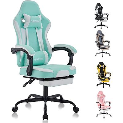 NIONIK ゲーミングチェア オットマン付き デスクチェア オフェスチェア 連動ひじ掛け ハイバック ゲーム用 チェア gaming chair 白 可愛い  …