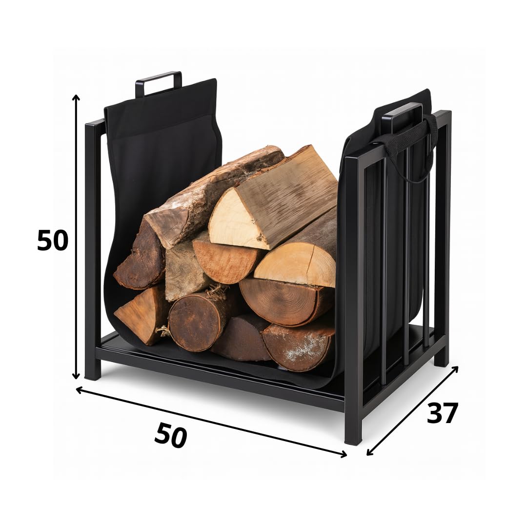 Kaminholzregal Innen - Schwarz 50,5 x 50 x 37 cm - Korb für Kaminholz -Metal Brennholzregal Außen - Kaminholz Aufbewahrung Innen - Holzlager außen Wetterfest -Holzstapelhilfe