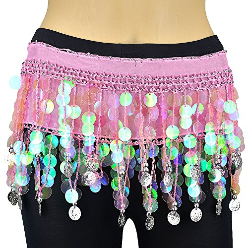 Image of VRITRAZ Women's Chiffon Belly Dance Hip Scarf Waistband Belt Skirt Mixed Colors Beads and Golded Coins 56 Black