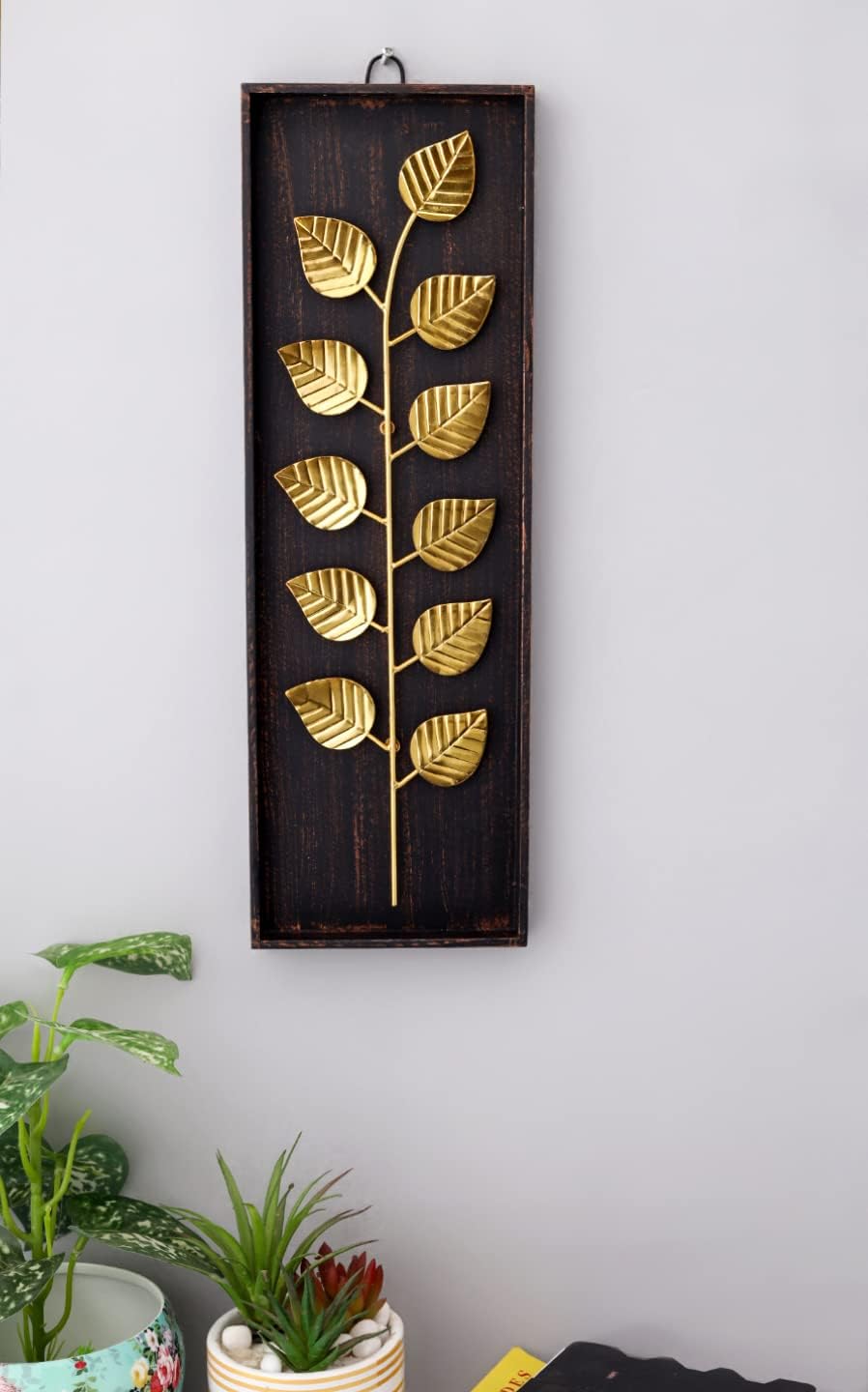 Iron Leaf Wall Hanging & Decorative Mounted Art Sculpture for Home Decor/Living Room/Bed Room/Birthday Gift|(Size :- 35X15 cm) (11 Golden Leaves with Flower & Wooden Frame), rectangular