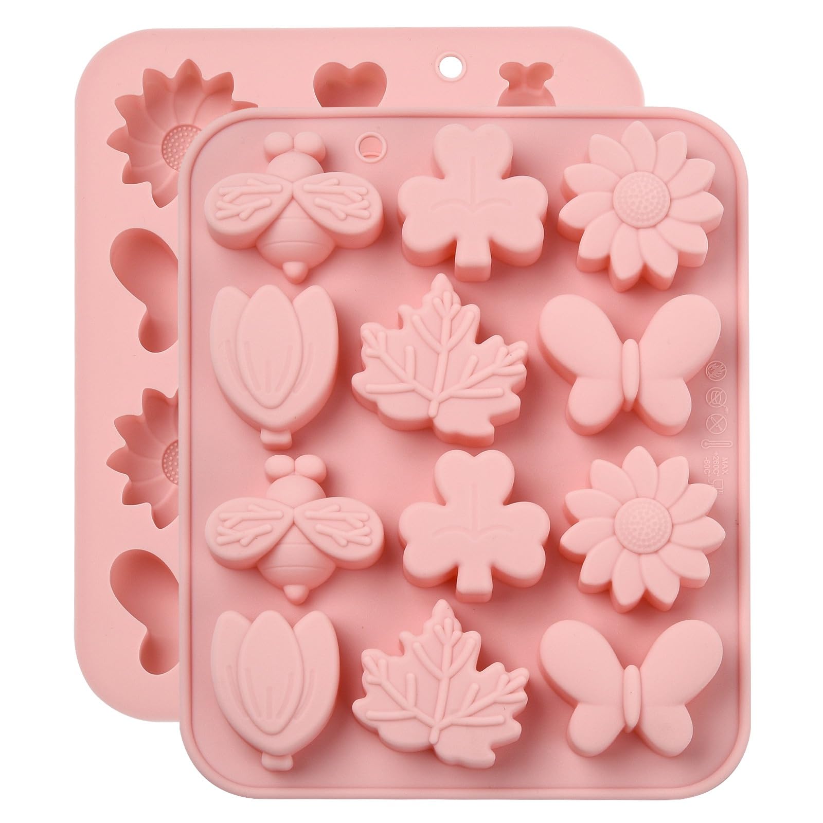 Stiesy Spring Theme Silicone Moulds 2Pcs Reusable Bee Butterfly Flower Leaf Clover Chocolate Mould Nonstick Cute Animal Shaped Molds for Baking Fondant Cake Mold DIY Soap Pudding Party Snacks Treats