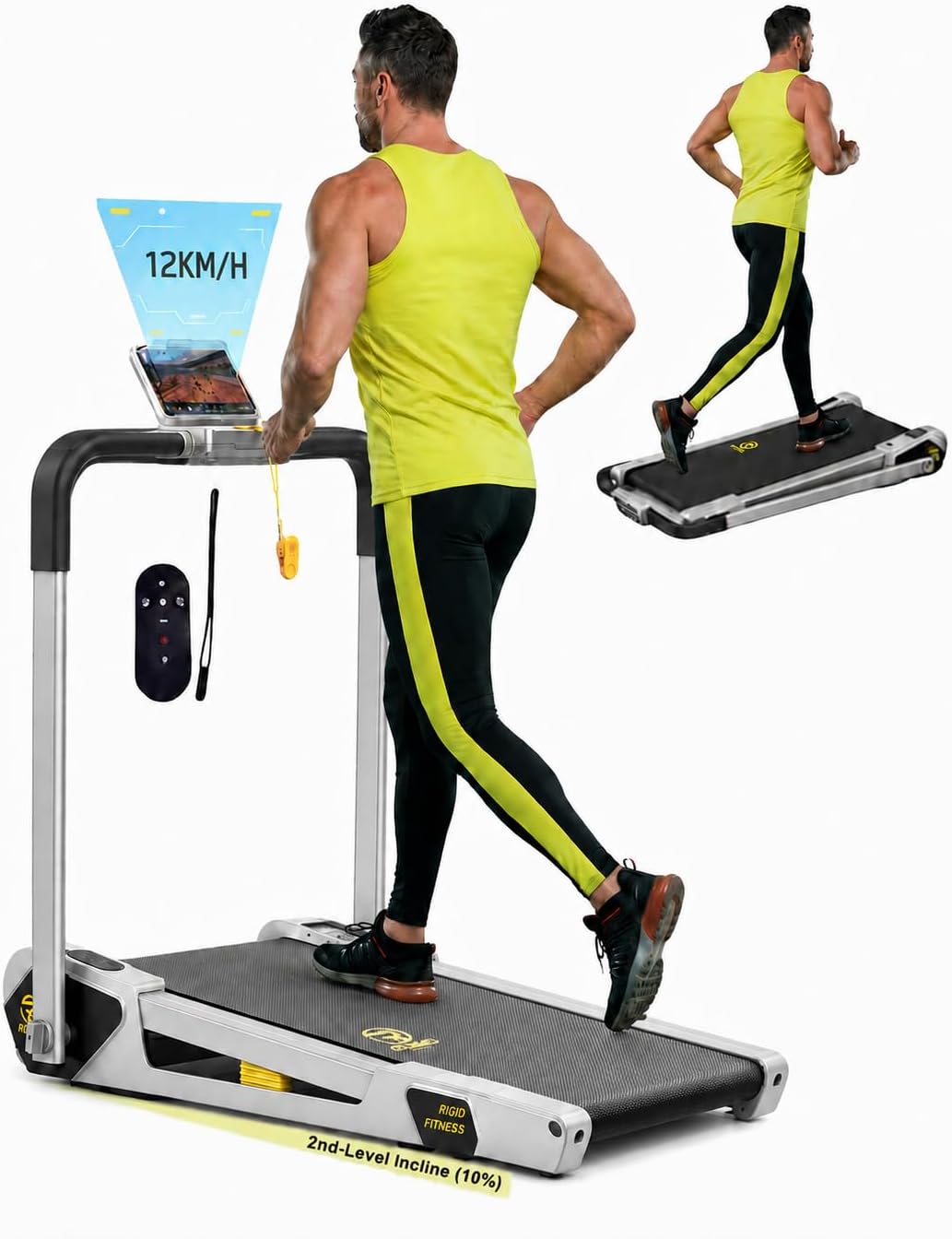 RIGID FITNESS 2-in-1 Foldable Jogging Incline Treadmill for Home & Office - Under Desk Walking Pad with Handrail, Powerful Quiet Motor, Max Load 220lbs/100kg, Speed up to 12KM/Hour