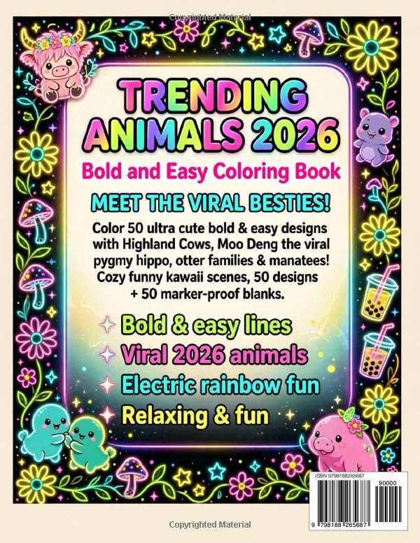 Trending Animals 2026 Coloring Book: Bold & Easy Coloring Book - 50 Adorable Highland Cow, Moo Deng Pygmy Hippo, Otter Family & Manatee Designs for Adults, Teens, Seniors and Kids image 3